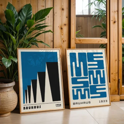 Two Bauhaus posters beside houseplants in a warm-toned interior