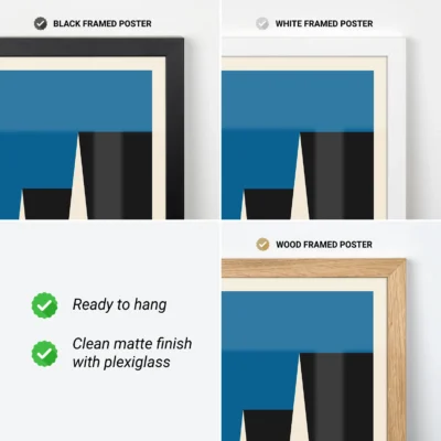 Close-up of blue and black Bauhaus posters in different frame color options