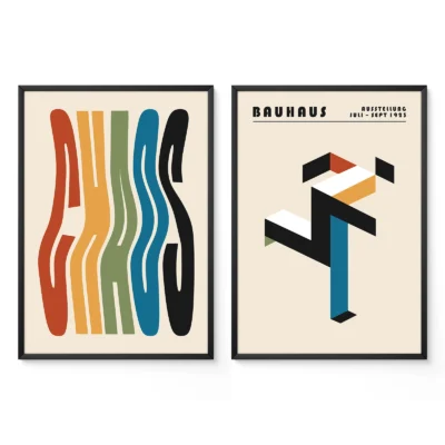 Abstract wavy and isometric Bauhaus posters in bold multicolor tones