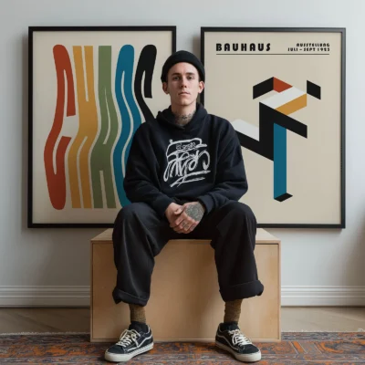 Man seated below two framed Bauhaus posters with retro-modern shapes