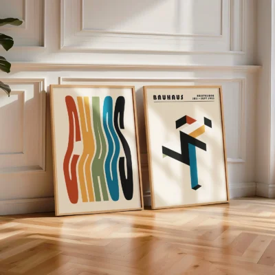 Two large Bauhaus posters leaning against the wall in a sunlit room