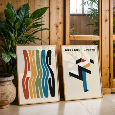 Colorful Bauhaus art prints beside potted plants on a wood floor