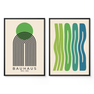 Bauhaus style 2 piece wall art with abstract green circle and blue waves