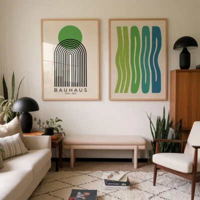 Large Bauhaus prints with green and blue tones above a beige sofa