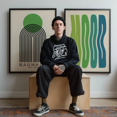 Person sitting under framed Bauhaus prints with green abstract shapes