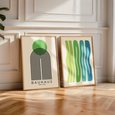 Bauhaus posters with geometric arch and green waves lit by soft sunlight