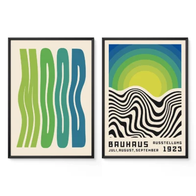 Mid century inspired 2 art prints with green abstract waves and retro sun