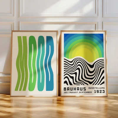 Abstract Bauhaus poster pair with green-blue waves and black curves