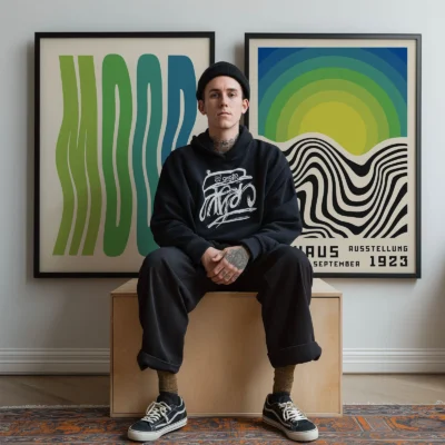 Man sitting near framed Bauhaus posters with 60s-inspired patterns