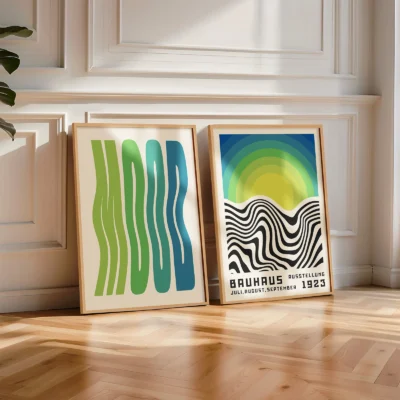 2 piece mid century Bauhaus poster set on floor with shadows