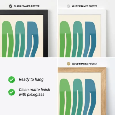 Green and blue Bauhaus poster shown in wood, black, and white frames