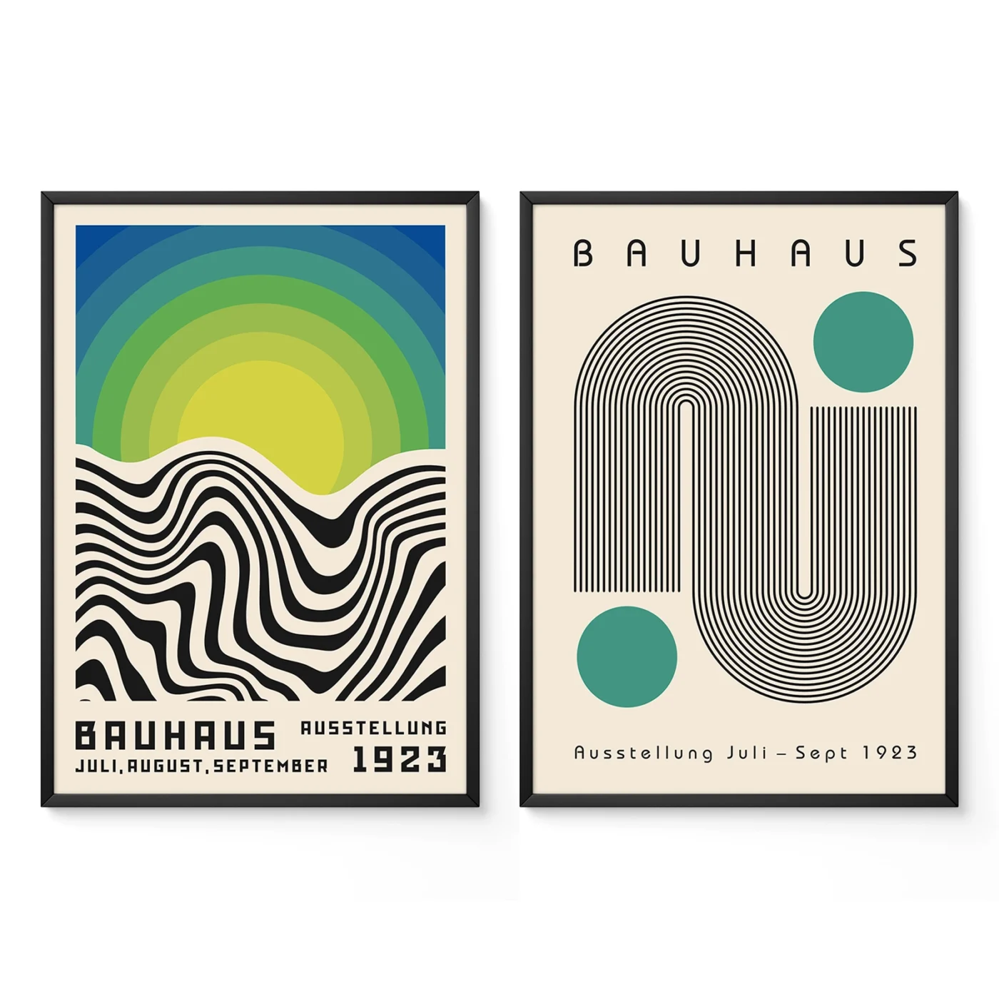 Wall posters for bedroom with abstract Bauhaus sun and geometric lines