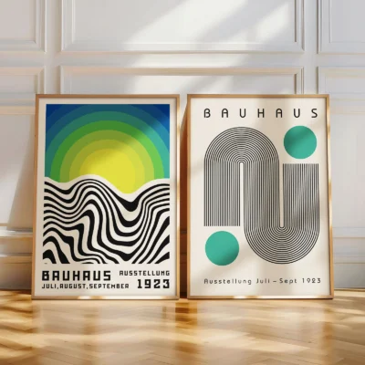 Bedroom-ready wall posters with wave-like curves and green Bauhaus dots