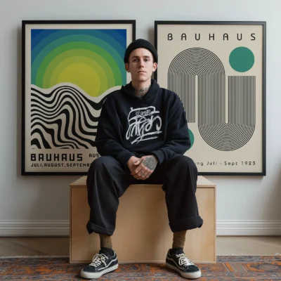 Person seated beside framed Bauhaus posters for wall decoration