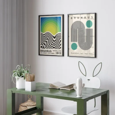 Bauhaus wall art above green desk, suited for stylish bedroom offices
