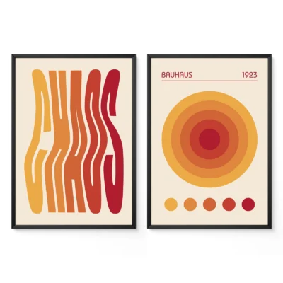 Set of two art prints in red and yellow Bauhaus design