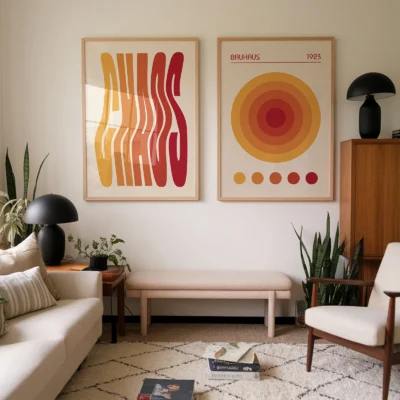 Framed red-orange Bauhaus poster pair above neutral sofa