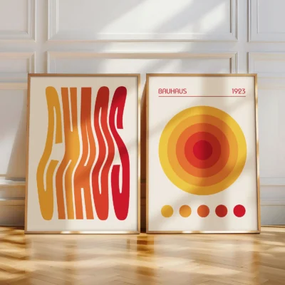 Floor-staged Bauhaus posters with red waves and circular gradients