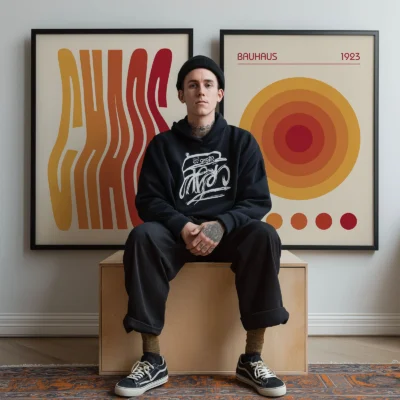 Person sitting near large Bauhaus prints in bold design