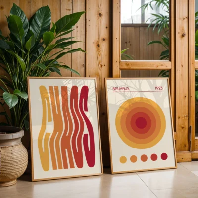 Bauhaus posters near plants and wood floor interior