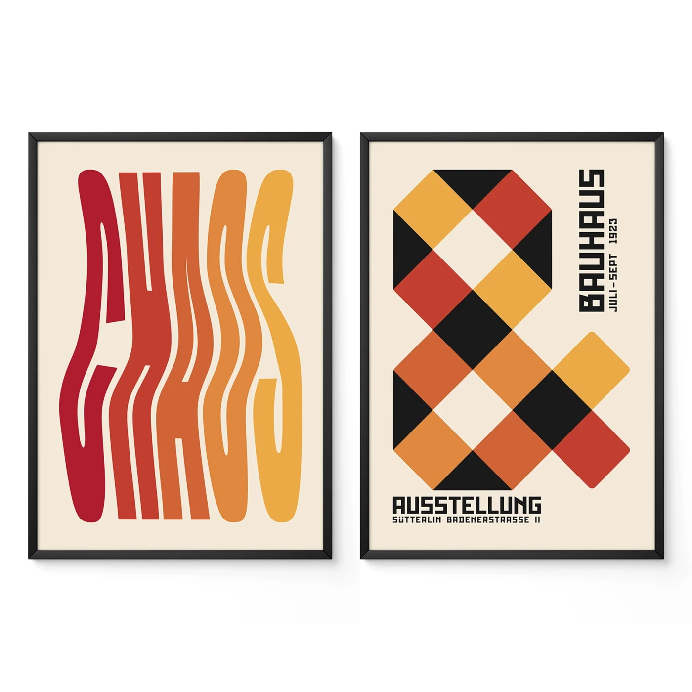 Set of two wall art prints with retro Bauhaus typography and shapes