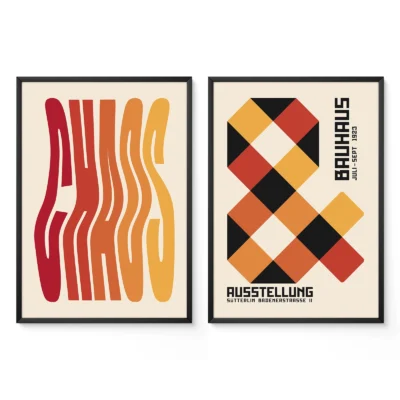 Set of two wall art prints with retro Bauhaus typography and shapes