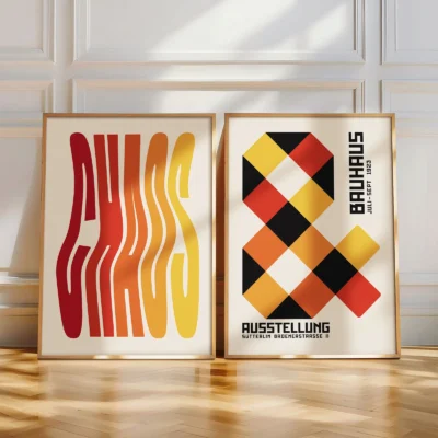 Framed Bauhaus wall art set displayed on a wood floor