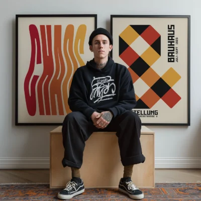 Young person near two bold Bauhaus posters on wall
