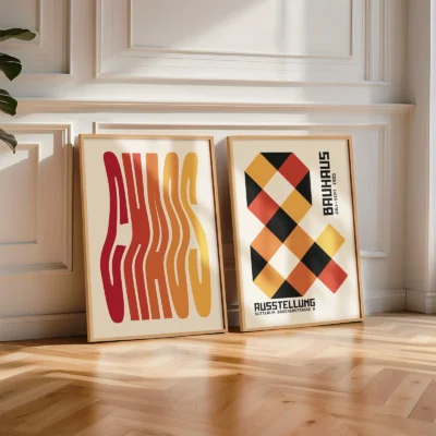 Bauhaus wall art leaning on floor in neutral-toned room