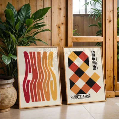 Bauhaus art prints beside indoor plants and wooden interior