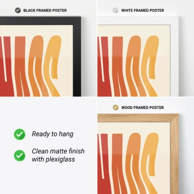 Framed options of Bauhaus poster set in black, white, and wood