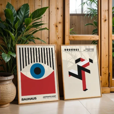 Posters resting against wooden floor and plant-filled background