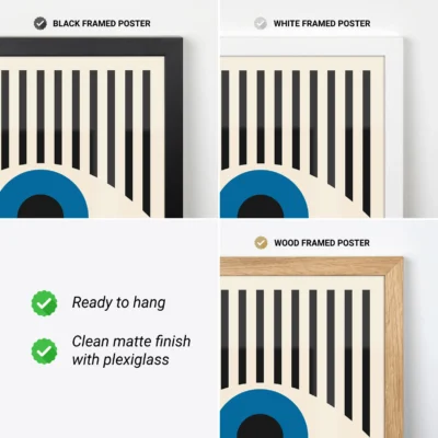 Framed Bauhaus poster set in wood, black, and white variations