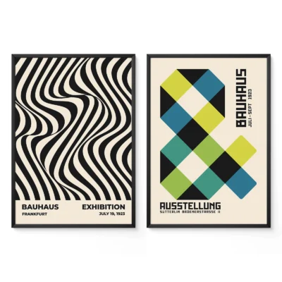 Bauhaus 2 piece art set with wavy lines and colorful geometric diamonds