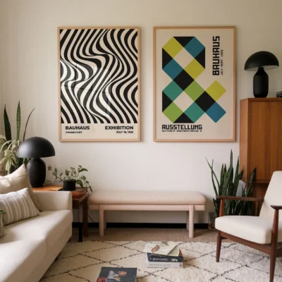 Contemporary Bauhaus prints above neutral-toned couch