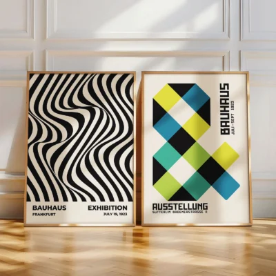 Floor-standing Bauhaus posters with optical and grid artwork