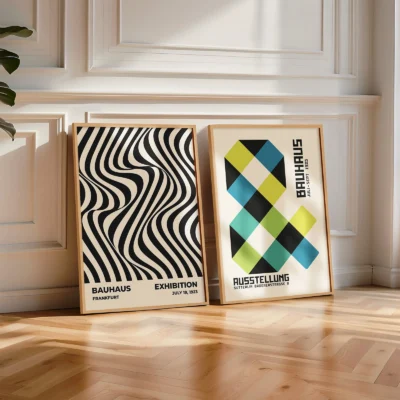 Geometric Bauhaus art leaning against white-paneled wall