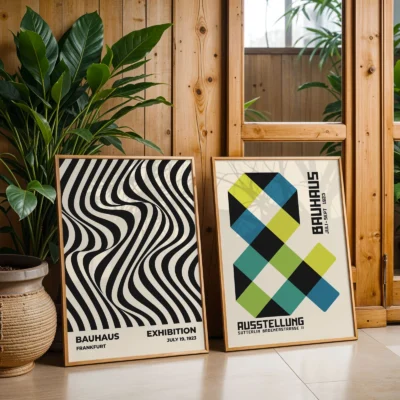 Black wave pattern next to colorful diamond pattern Bauhaus prints