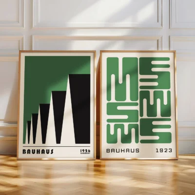 Floor-displayed Bauhaus prints with strong geometric silhouettes