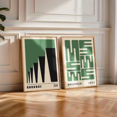 Light interior corner with wooden floors and two Bauhaus art prints