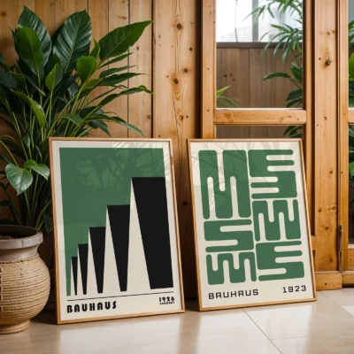 Indoor plant beside two large framed Bauhaus prints in green and black