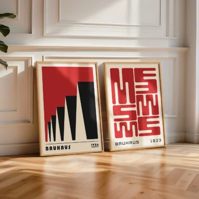 Bright living space with red geometric Bauhaus prints on the floor