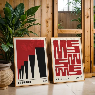 Modern plant-filled room with framed red Bauhaus posters