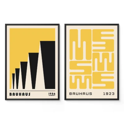 Bauhaus print set of 2 featuring bold yellow and black geometric designs.