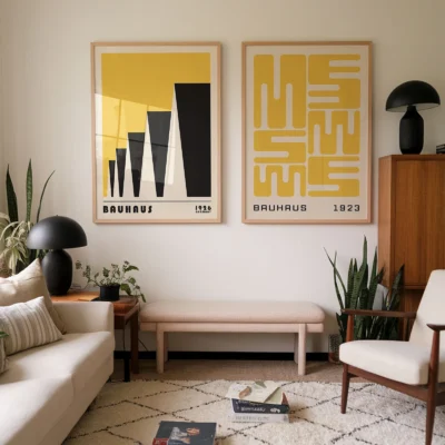 Framed yellow geometric wall art set of 2 styled in a cozy living room.