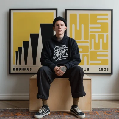 Yellow Bauhaus art prints behind a seated man in a casual setting.