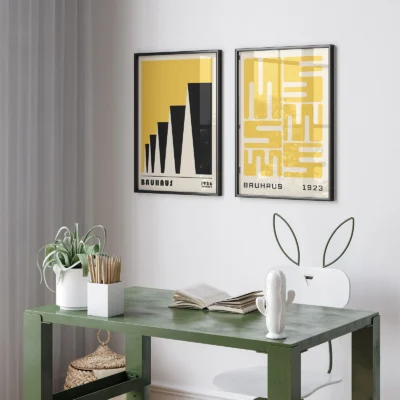 Bauhaus poster set of 2 in a bright white room with modern decor.