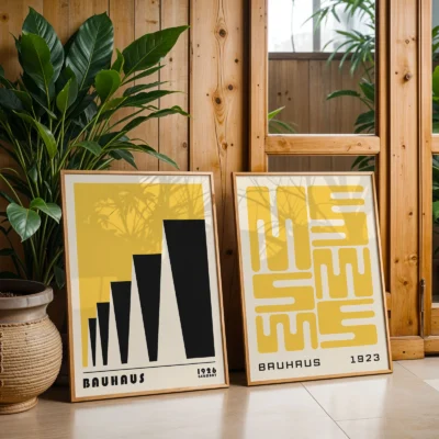 Two geometric art prints beside indoor plants in natural lighting.