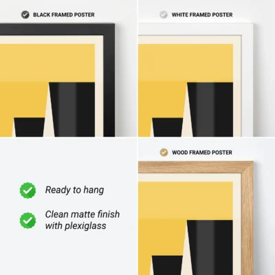 Close-up of framed Bauhaus poster options in black, white, and wood.