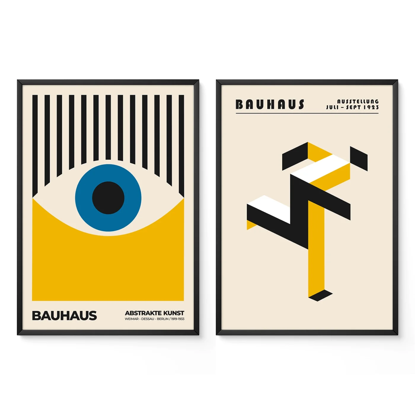 Mid century modern art prints set with abstract Bauhaus designs in yellow, black, and blue.